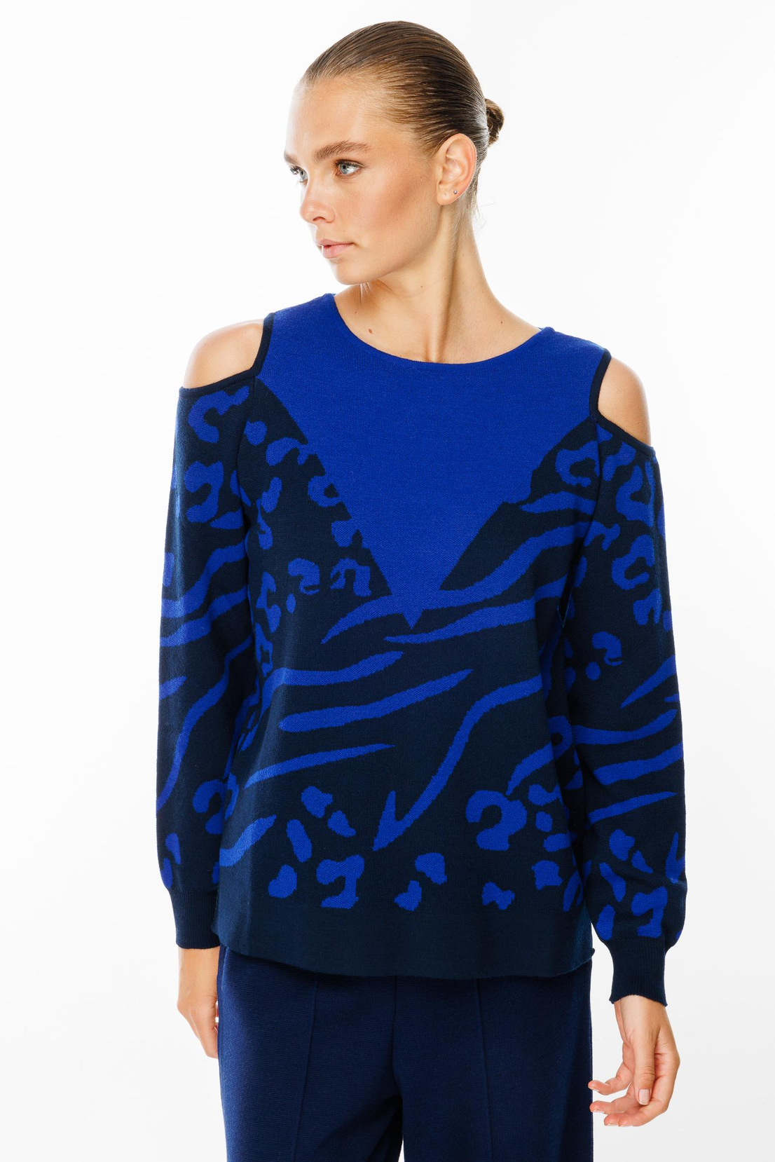 Leopar Desenli Omuz Dekolte Kazak LACİVERT-SAKS