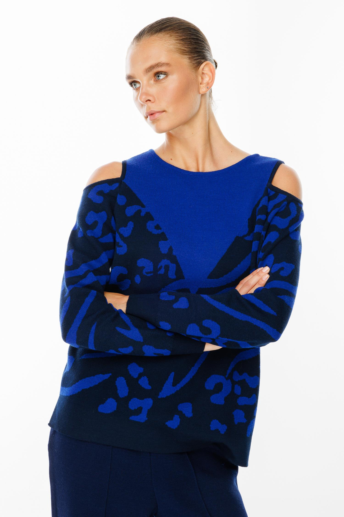 Leopar Desenli Omuz Dekolte Kazak LACİVERT-SAKS