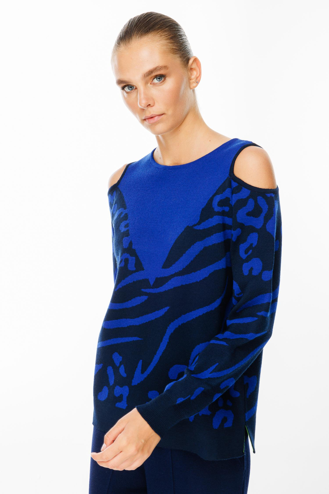 Leopar Desenli Omuz Dekolte Kazak LACİVERT-SAKS