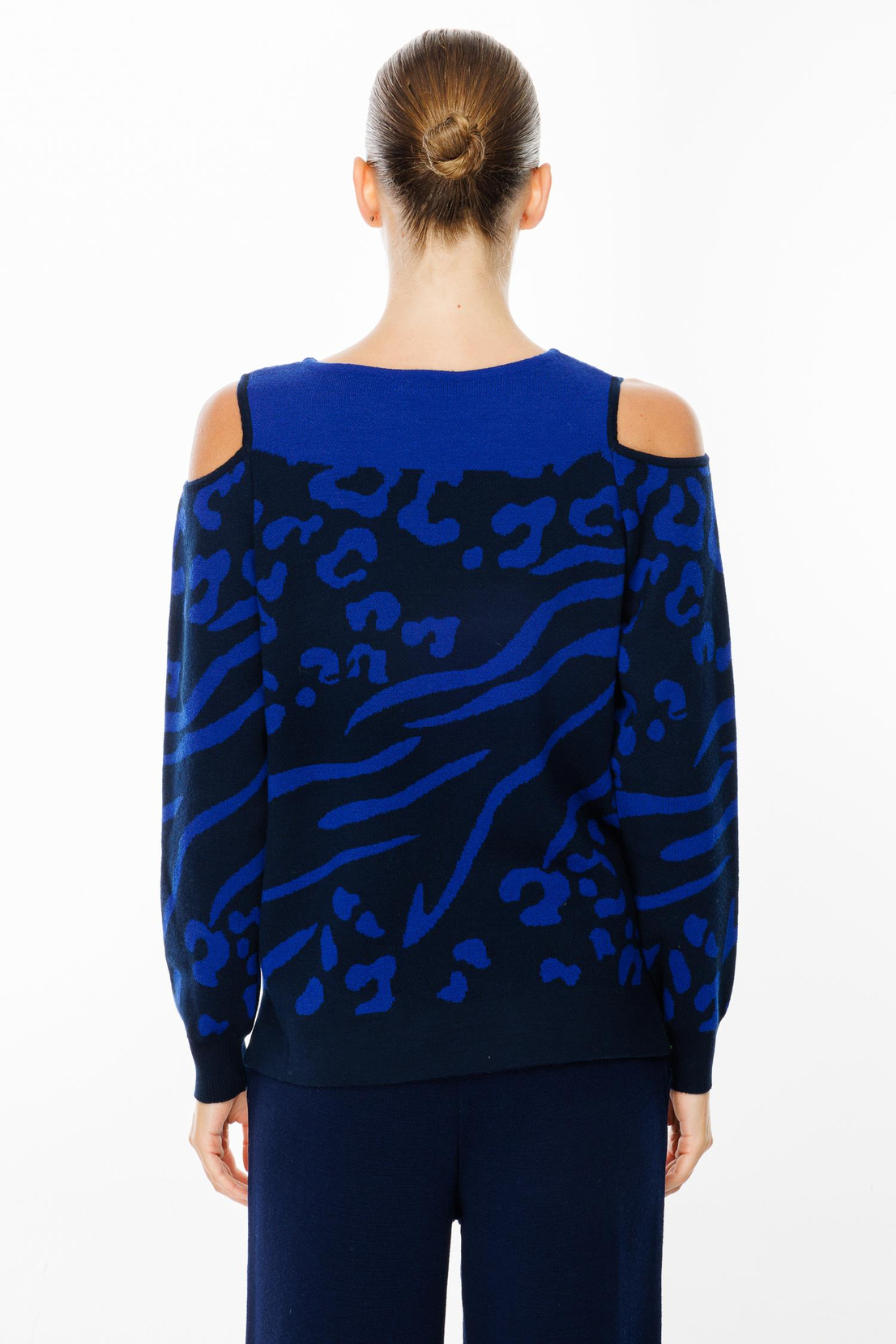 Leopar Desenli Omuz Dekolte Kazak LACİVERT-SAKS