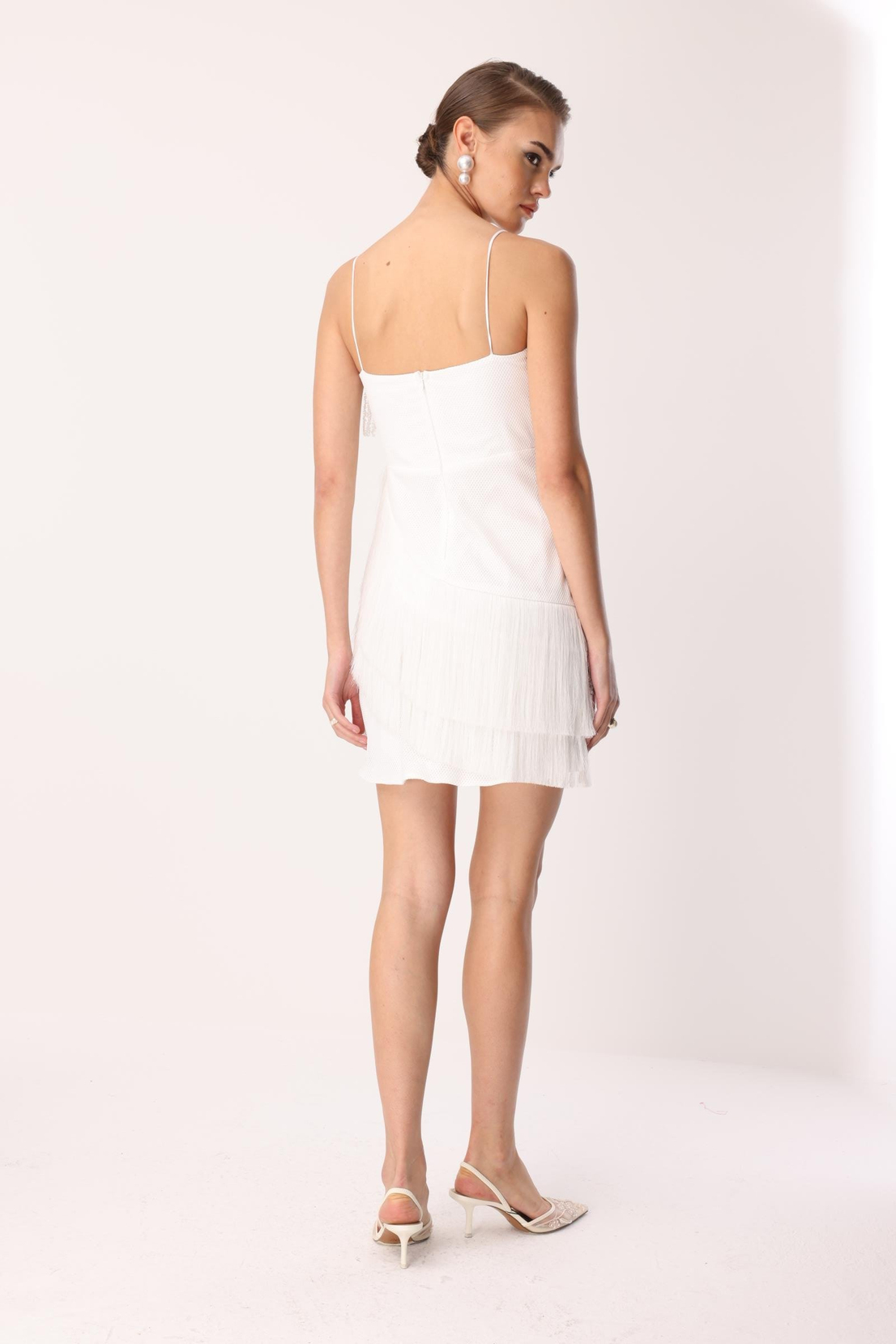 Mini Boy Saçaklı İşlemeli Elbise EKRU