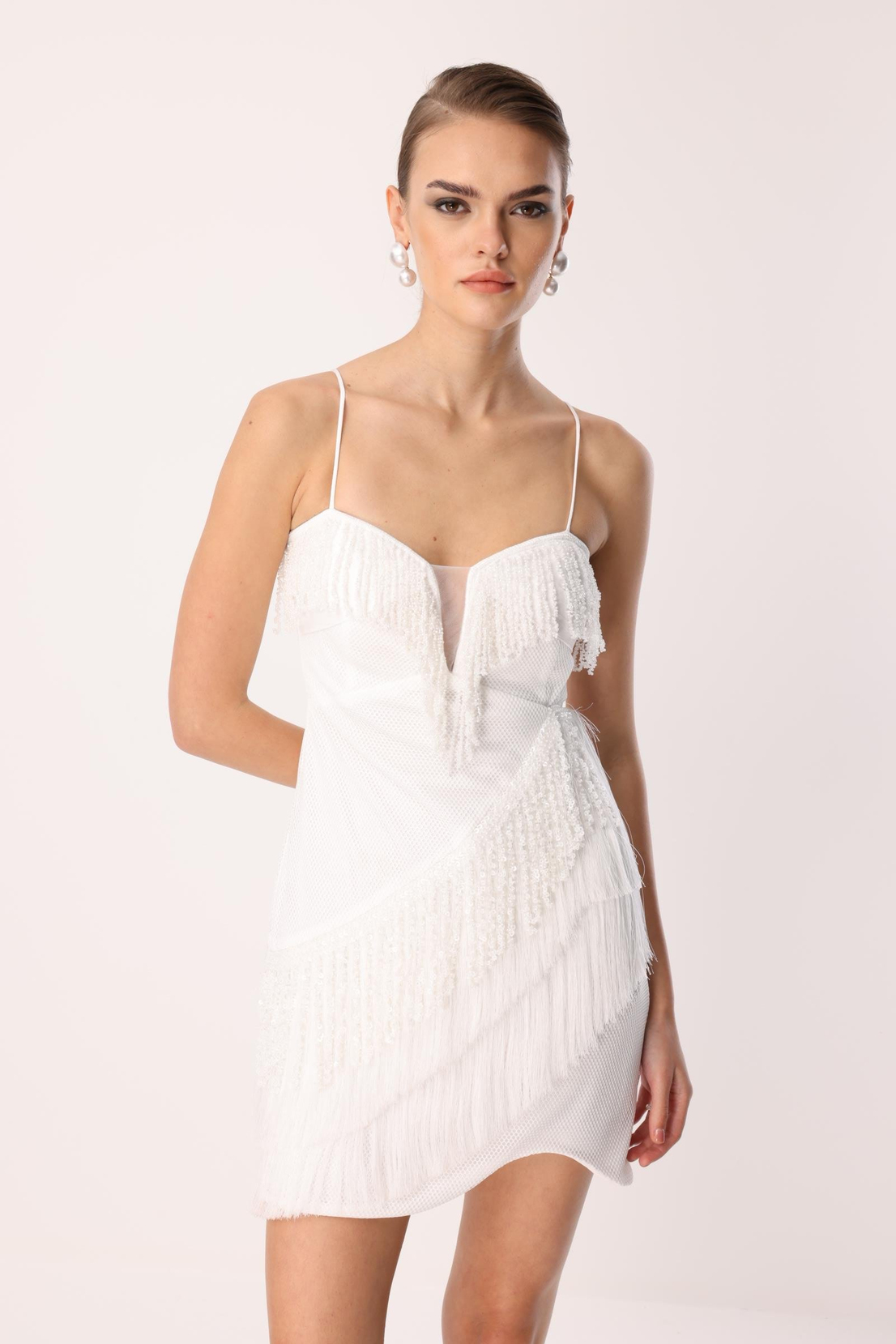 Mini Boy Saçaklı İşlemeli Elbise EKRU