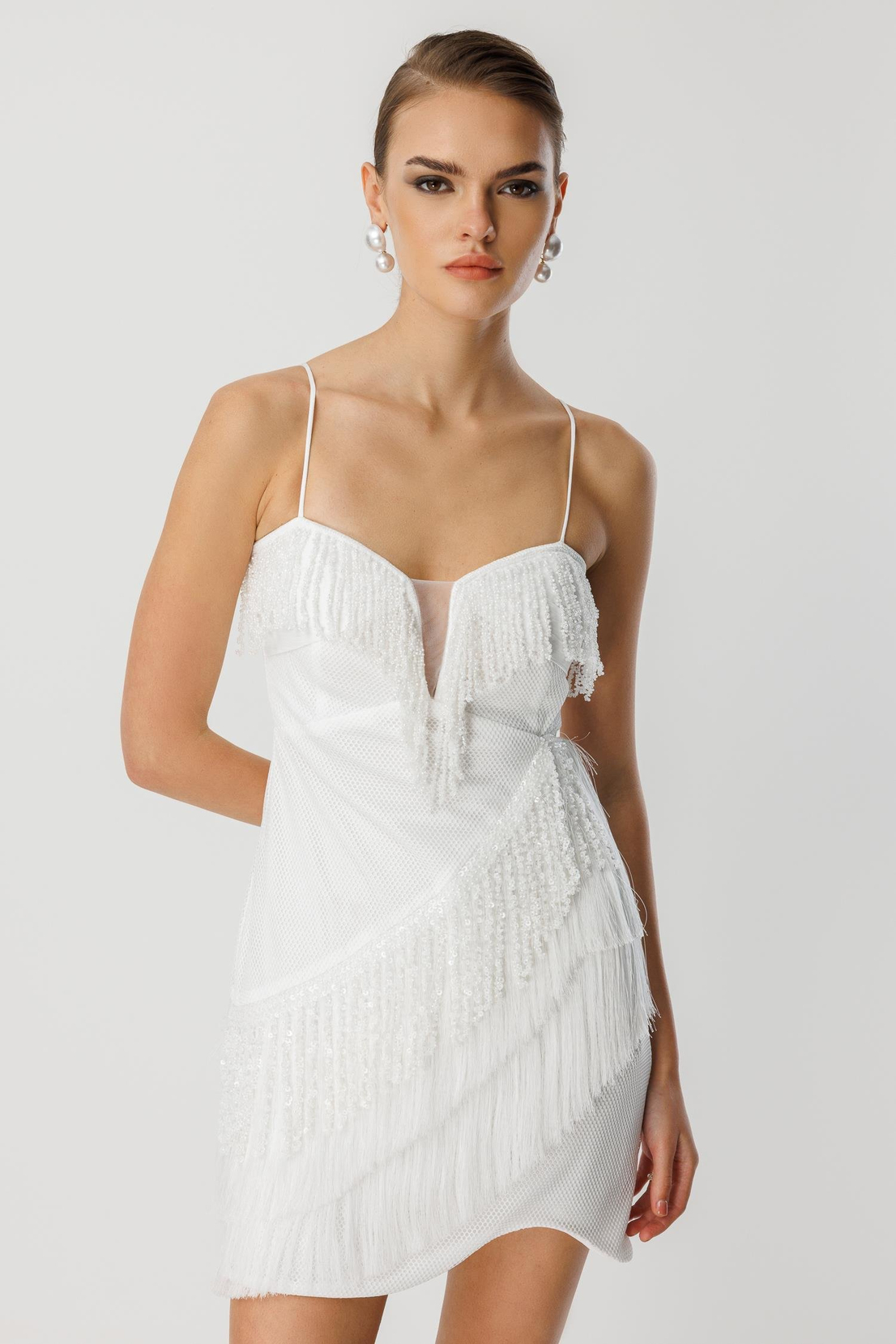 Mini Boy Saçaklı İşlemeli Elbise EKRU