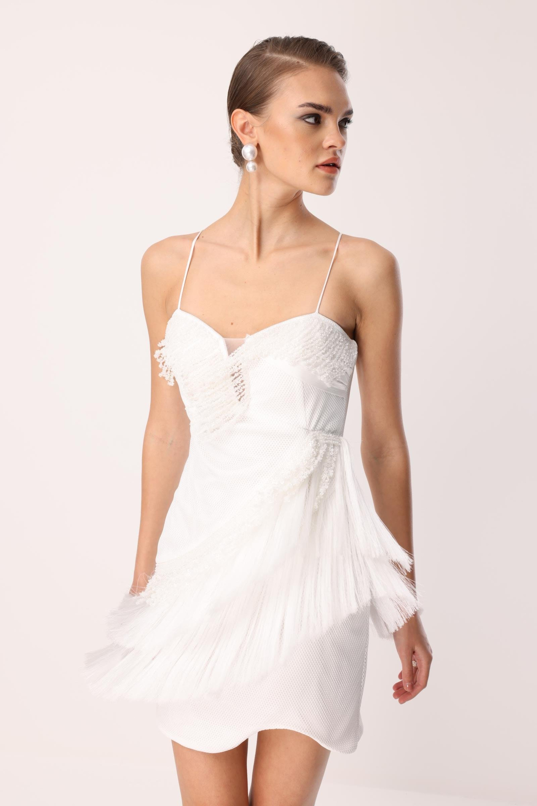 Mini Boy Saçaklı İşlemeli Elbise EKRU