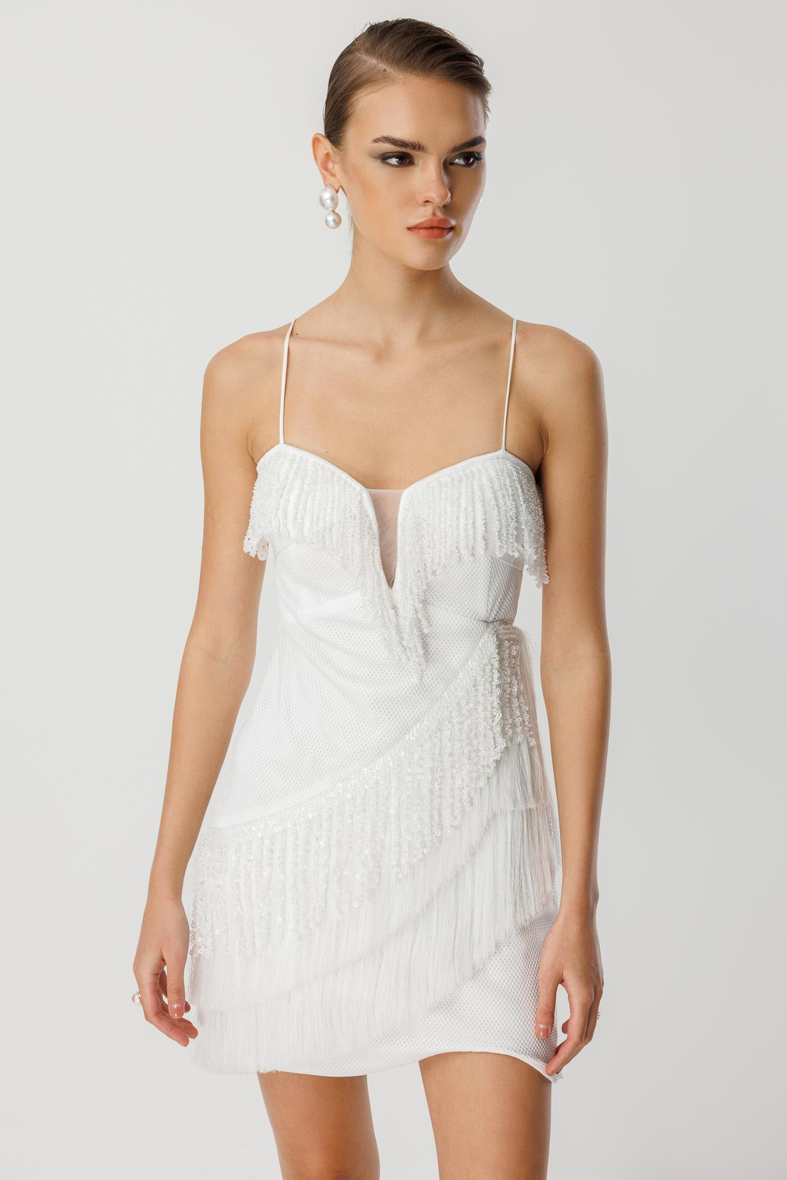 Mini Boy Saçaklı İşlemeli Elbise EKRU