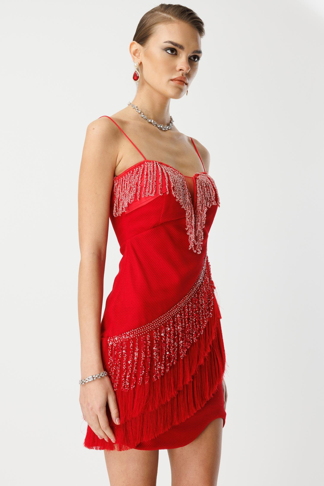 Mini Boy Saçaklı İşlemeli Elbise KIRMIZI