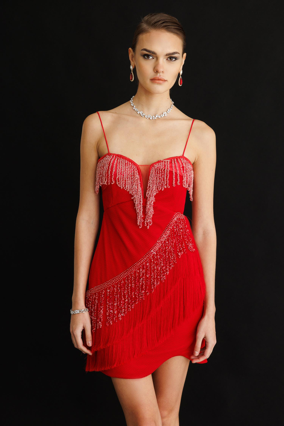 Mini Boy Saçaklı İşlemeli Elbise KIRMIZI