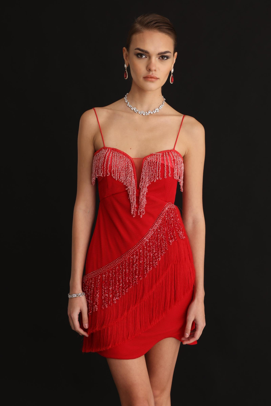 Mini Boy Saçaklı İşlemeli Elbise KIRMIZI