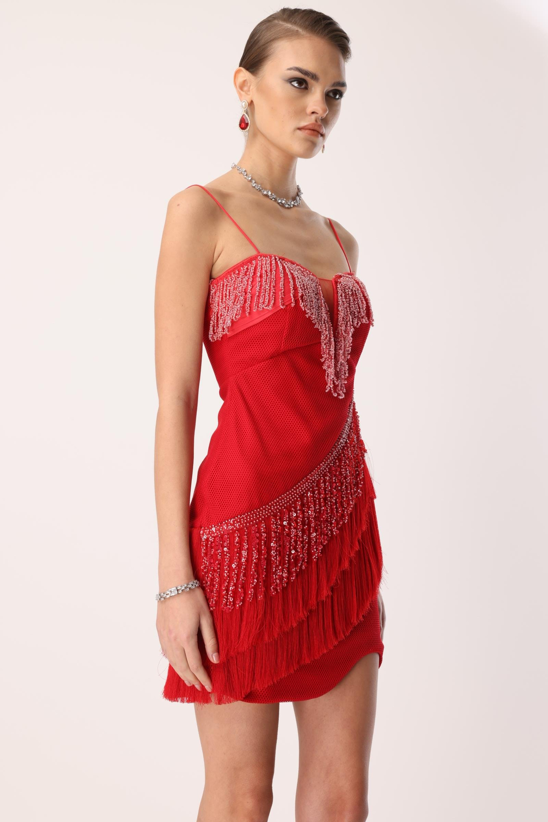 Mini Boy Saçaklı İşlemeli Elbise KIRMIZI