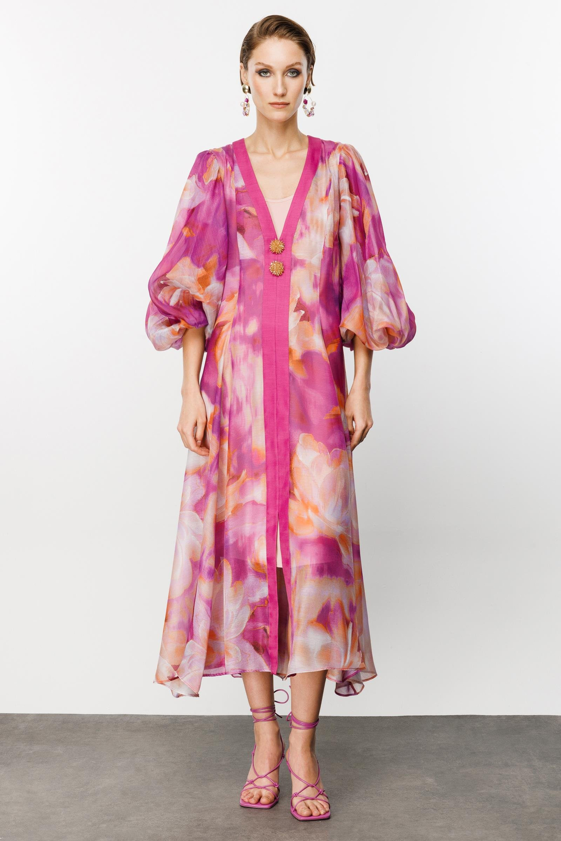 Nefeli Floral Desen Pembe Kemerli Elbise