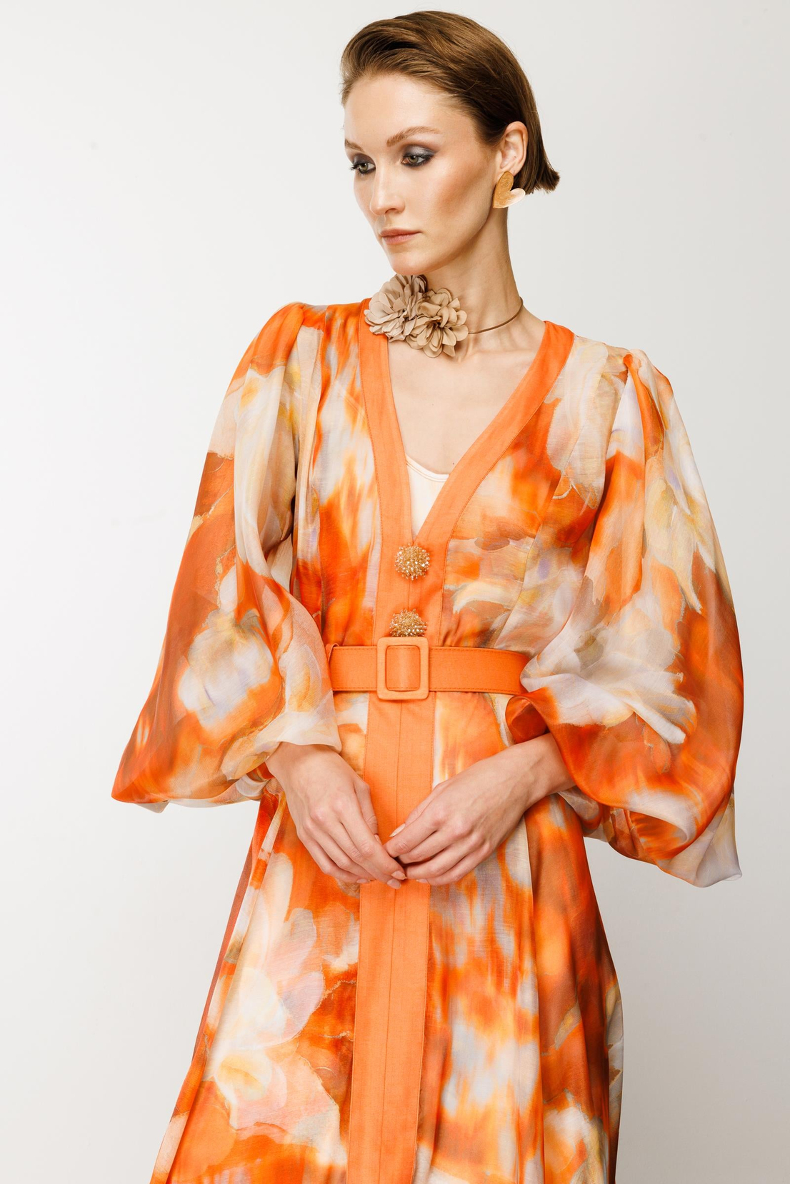 Nefeli Floral Desen Turuncu Kemerli Elbise