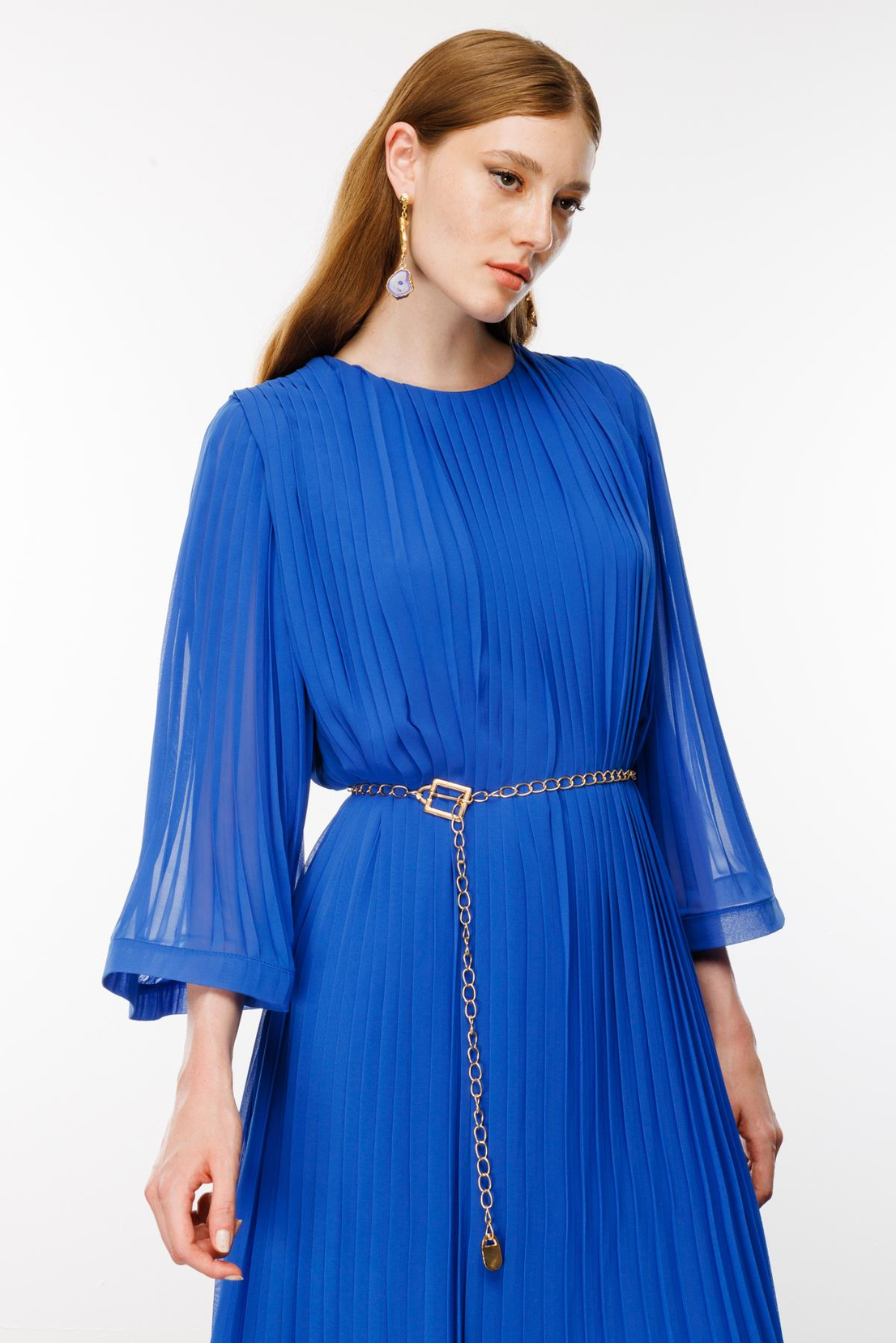 Nefeli Piliseli Grenli Zincir Kemerli Elbise Mavi