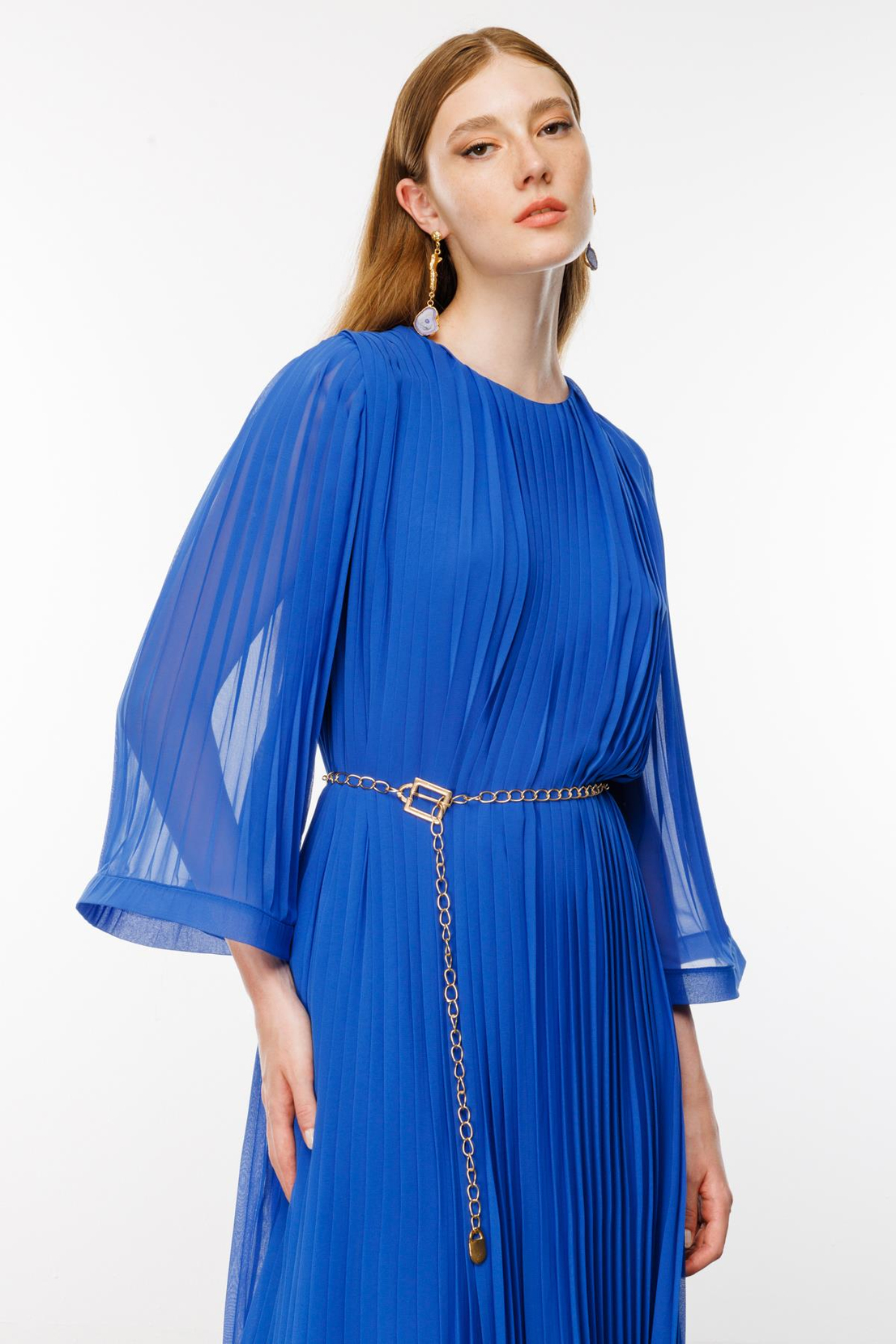 Nefeli Piliseli Grenli Zincir Kemerli Elbise Mavi