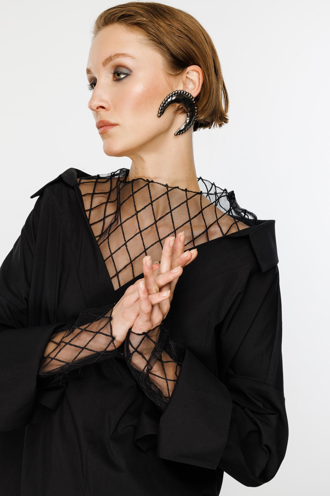 Nefeli Tül Brode Detay Siyah  Gömlek