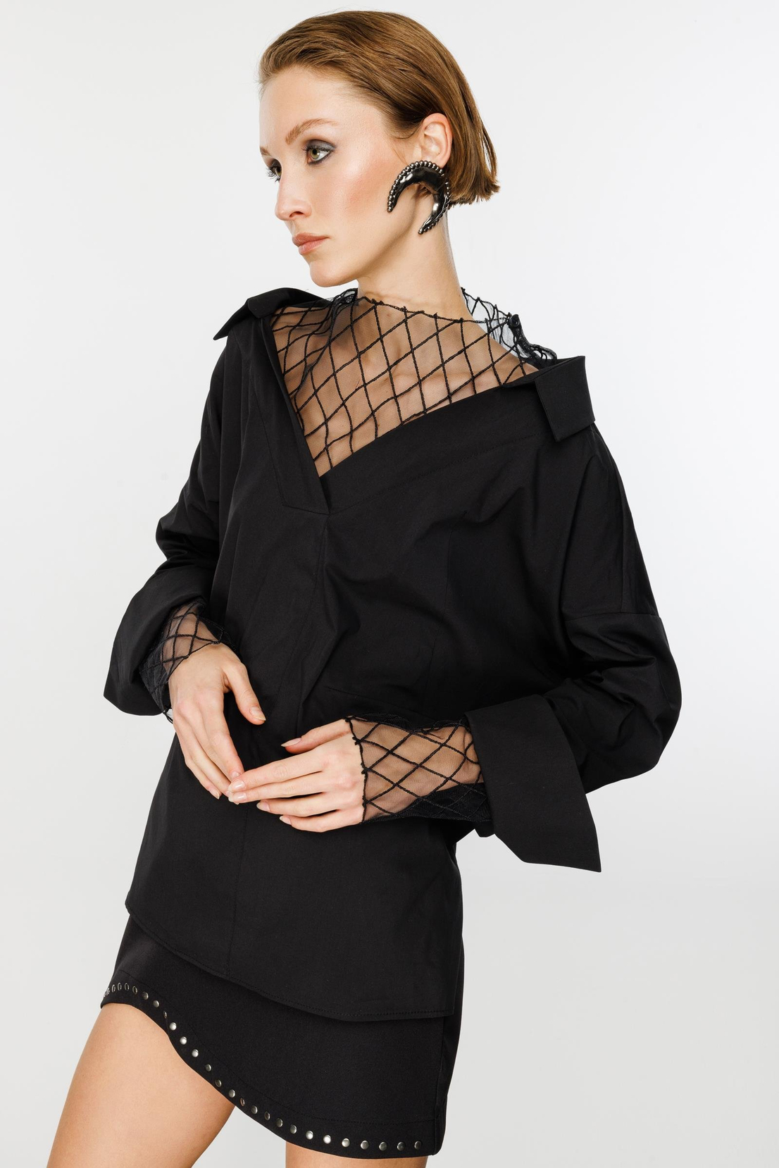 Nefeli Tül Brode Detay Siyah  Gömlek