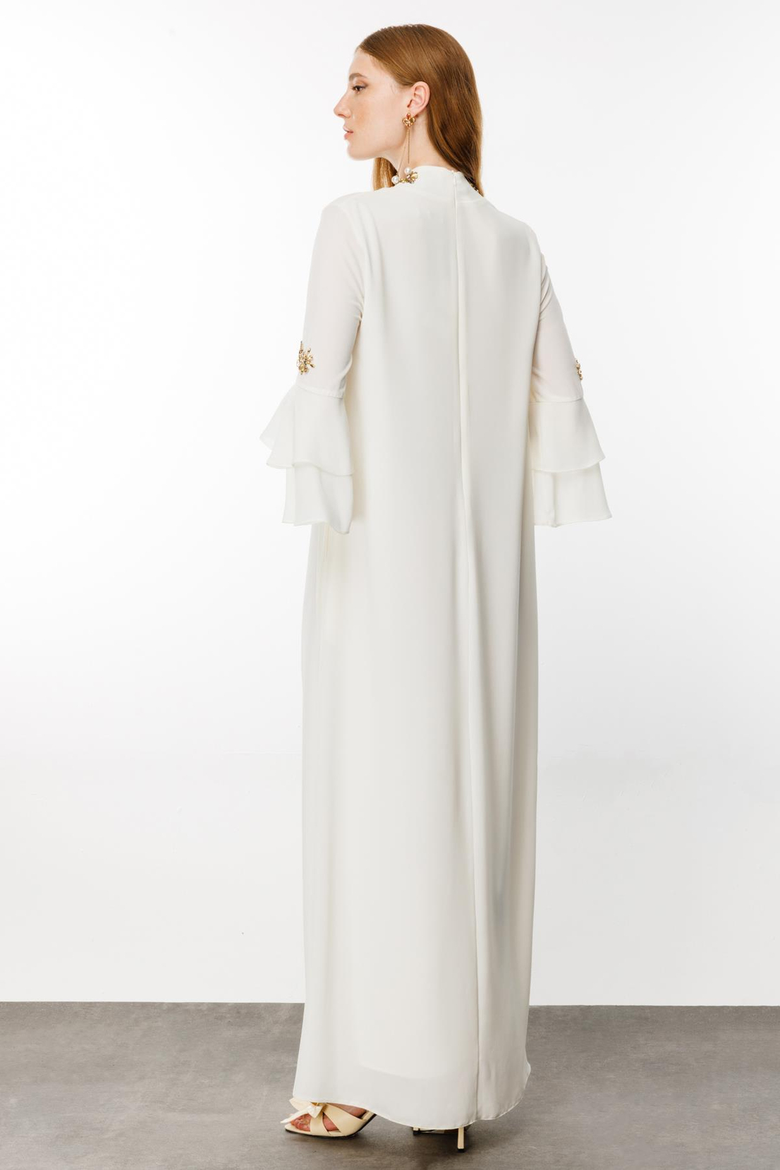 Nefeli V Yaka Kol Taş İşleme Detaylı  Ekru Elbise 