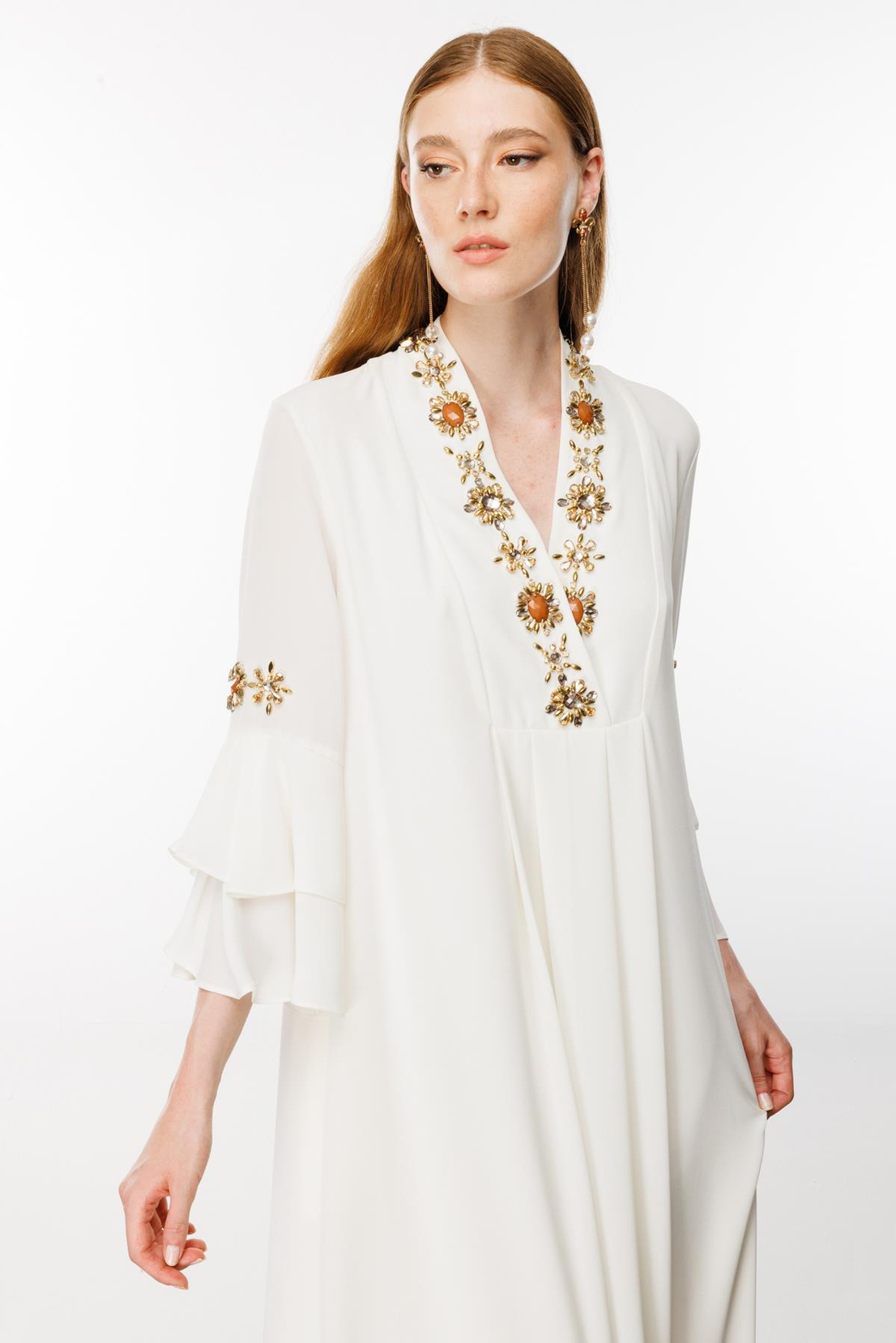 Nefeli V Yaka Kol Taş İşleme Detaylı  Ekru Elbise 