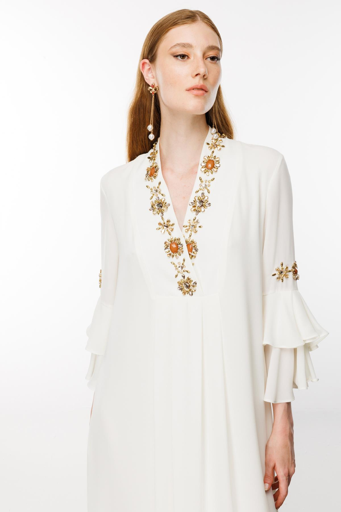 Nefeli V Yaka Kol Taş İşleme Detaylı  Ekru Elbise 