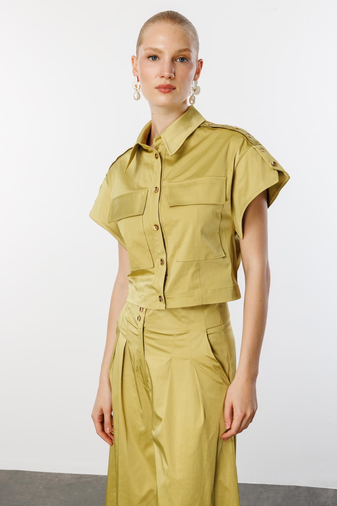 Omuz Düğme Detaylı Ceket & Pantolon 2'li Takım YEŞİL