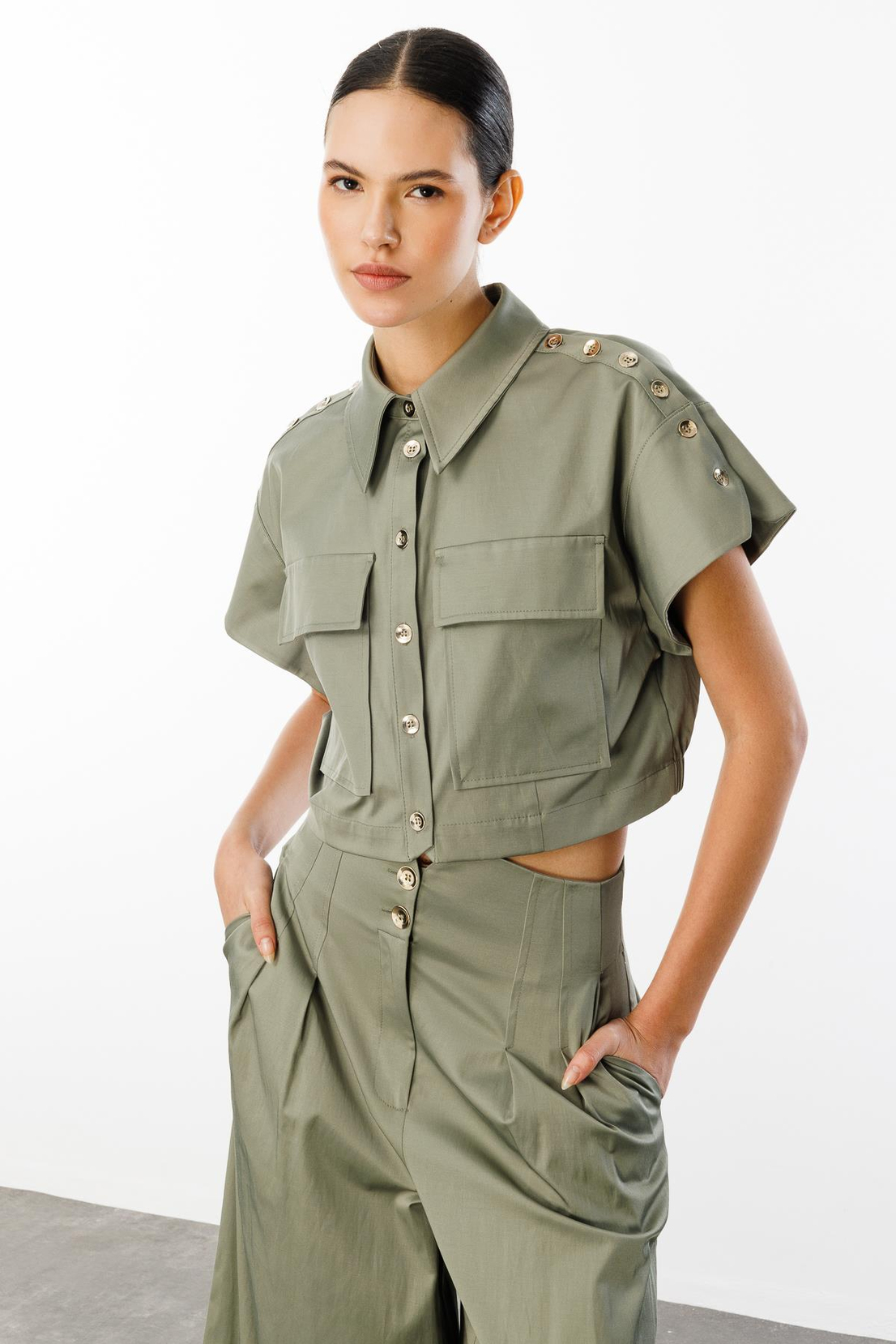 Omuz Düğme Detaylı Ceket & Pantolon 2'li Takım HAKİ