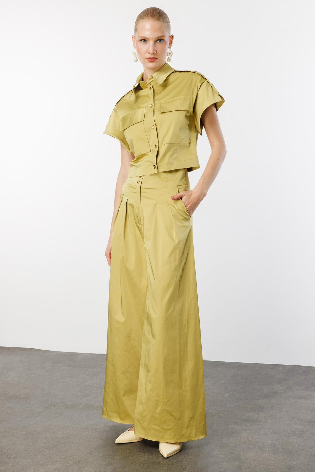 Omuz Düğme Detaylı Ceket & Pantolon 2'li Takım YEŞİL