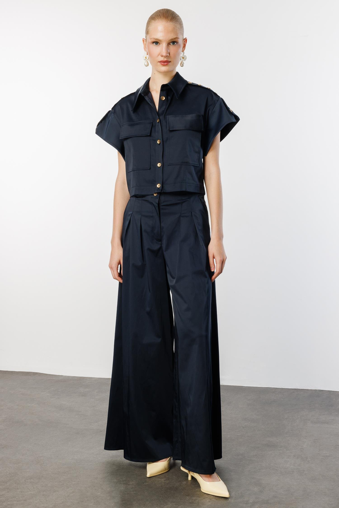 Omuz Düğme Detaylı Ceket & Pantolon 2'li Takım LACİVERT