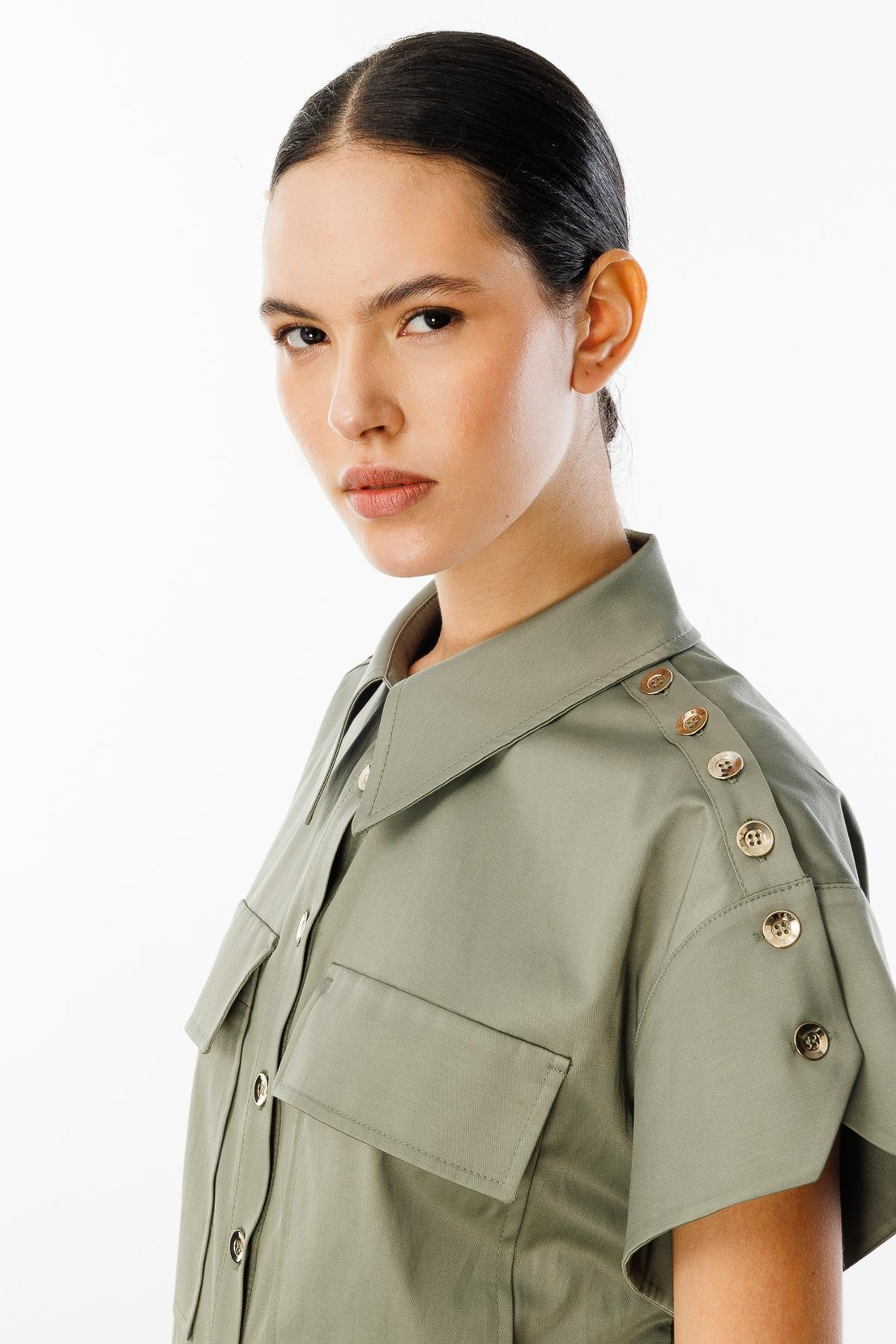 Omuz Düğme Detaylı Ceket & Pantolon 2'li Takım HAKİ