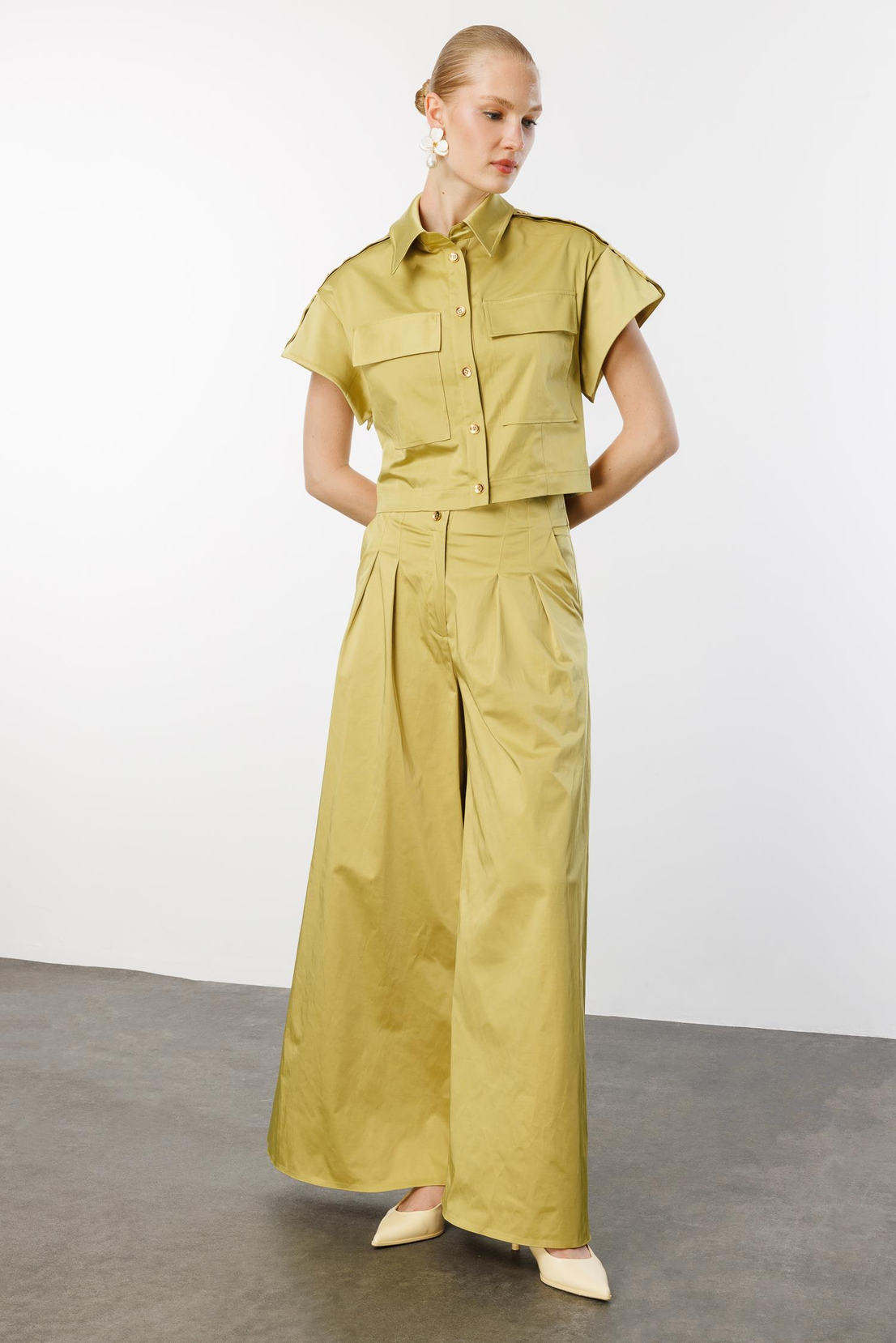 Omuz Düğme Detaylı Ceket & Pantolon 2'li Takım YEŞİL