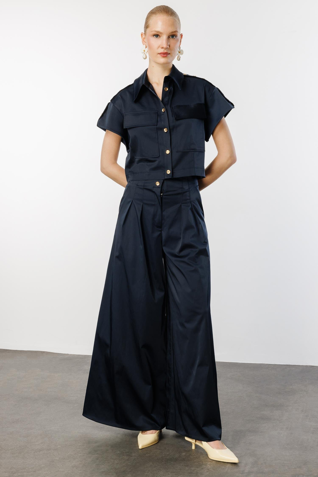 Omuz Düğme Detaylı Ceket & Pantolon 2'li Takım LACİVERT