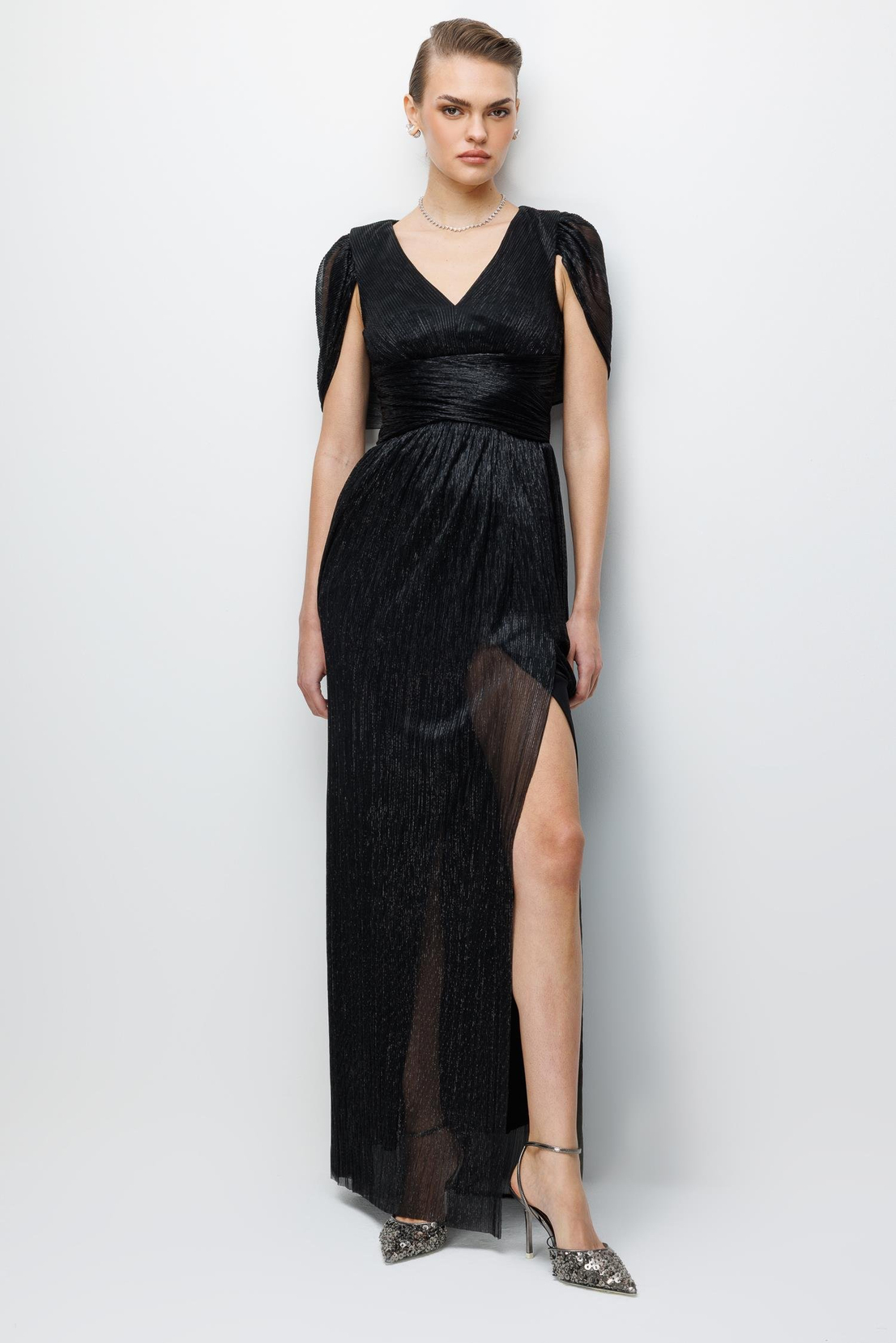 Omuz Pelerin Detaylı Maxi Boy Elbise SİYAH