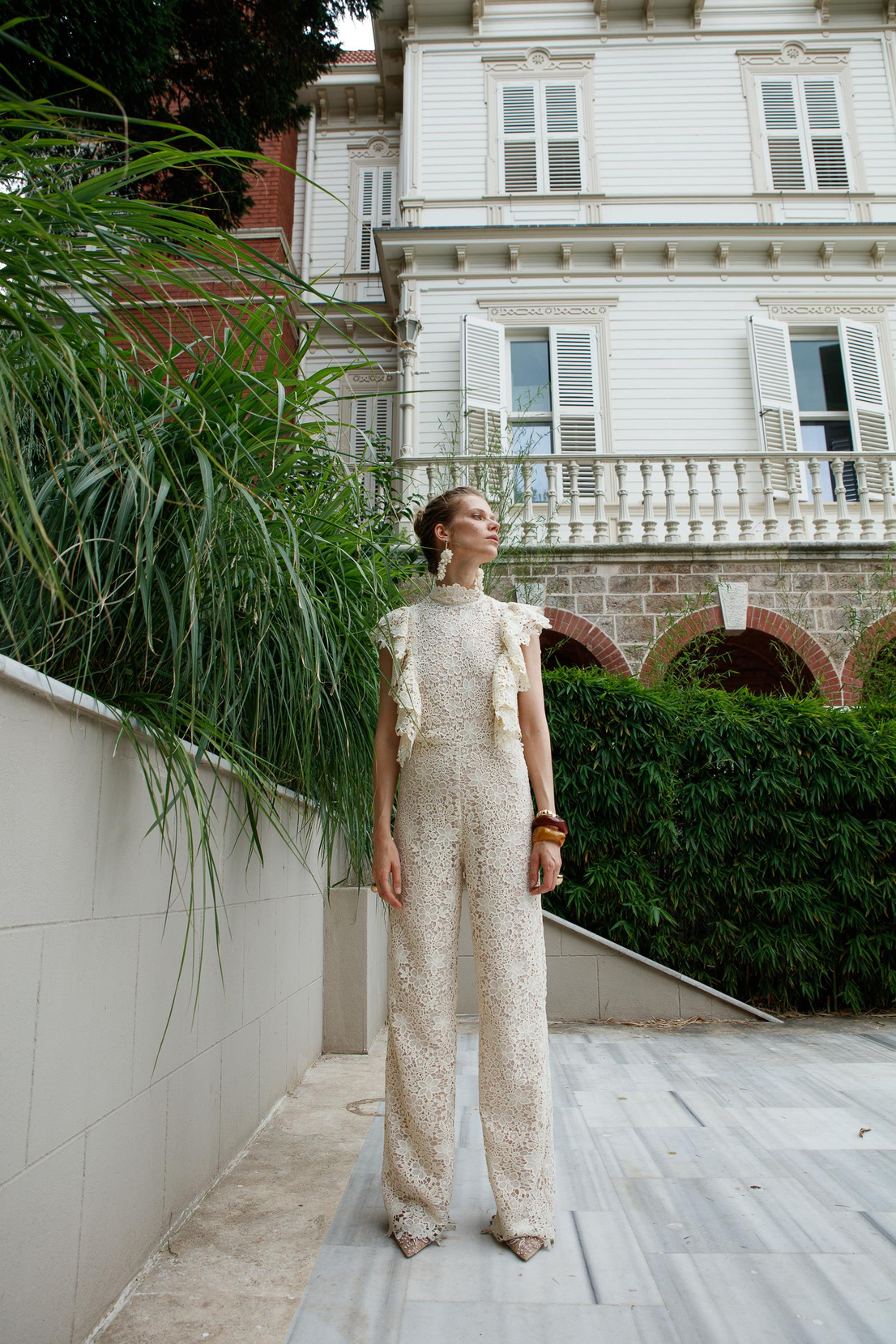 Maxi Lace Jumpsuit with Ruffle Shoulder LIGHT BEIGE