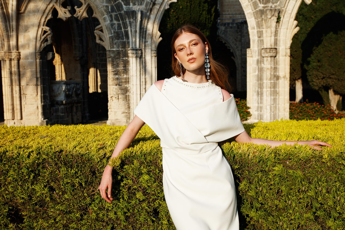 Omuzdan Kruvaze Şal Detaylı Elbise EKRU