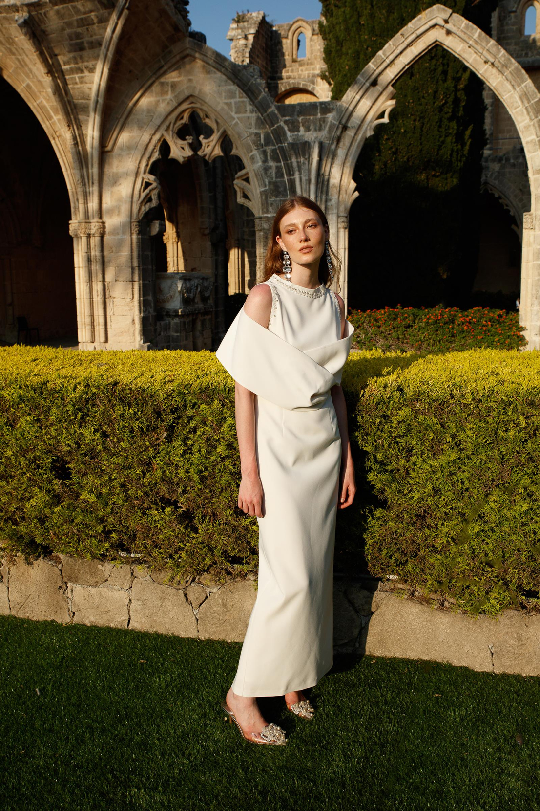 Omuzdan Kruvaze Şal Detaylı Elbise EKRU