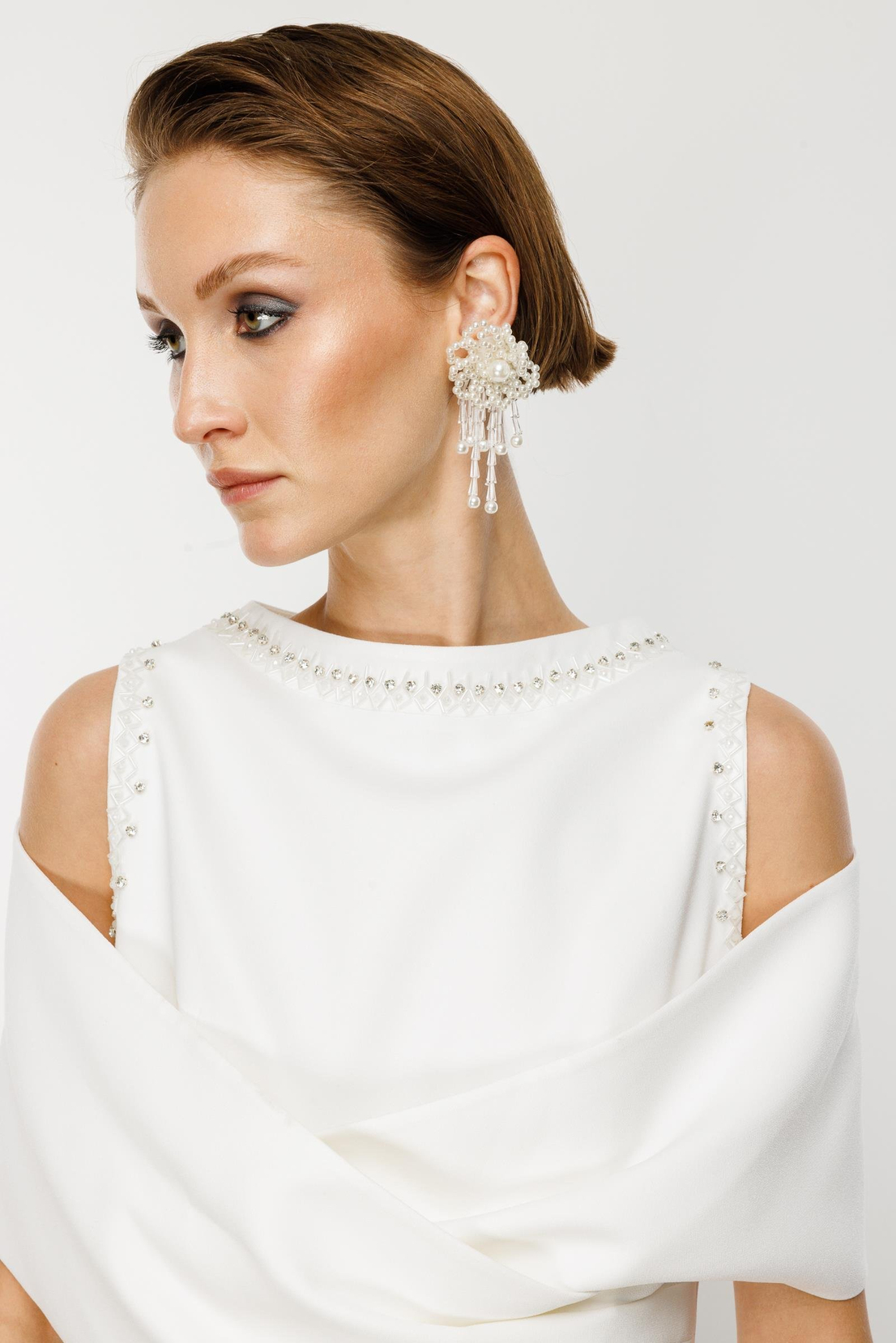 Omuzdan Kruvaze Şal Detaylı Elbise EKRU