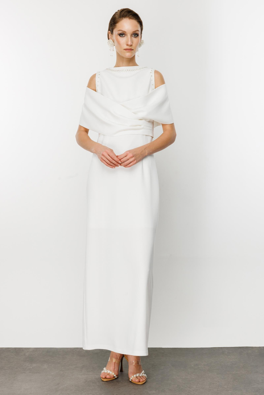 Omuzdan Kruvaze Şal Detaylı Elbise EKRU