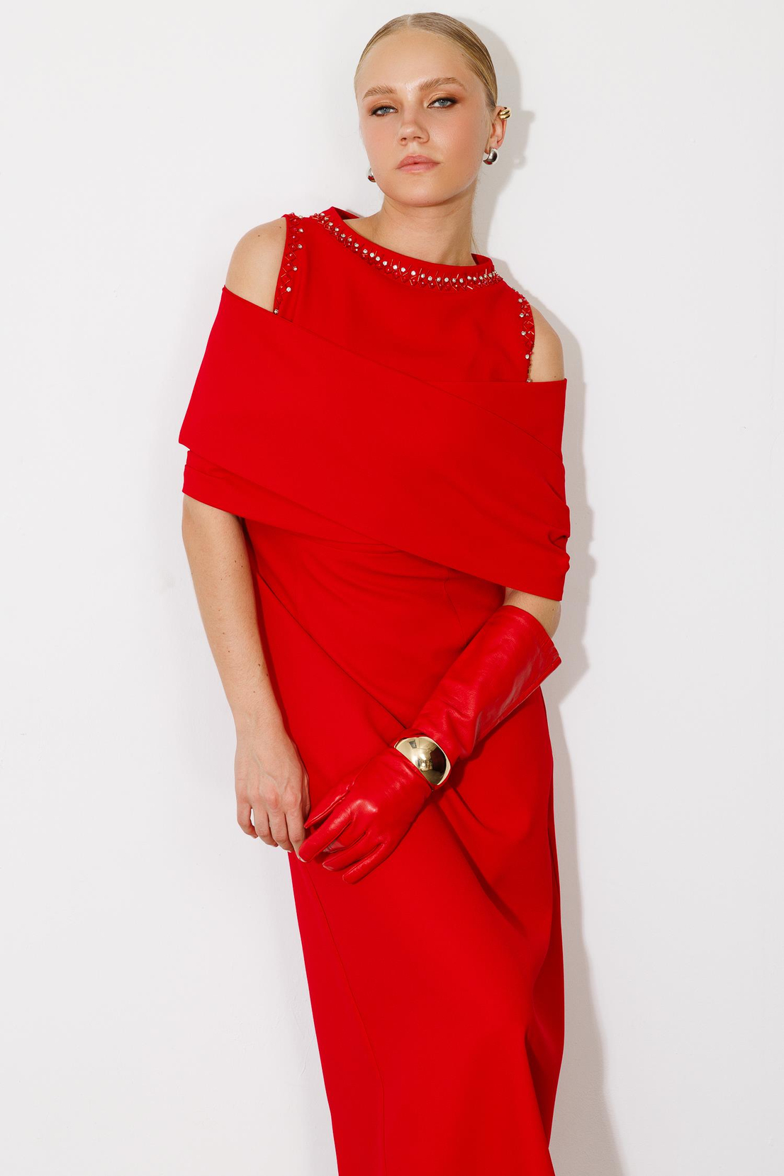 Omuzdan Kruvaze Şal Detaylı Elbise KIRMIZI