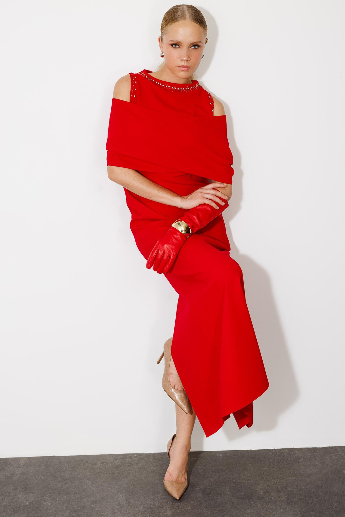 Omuzdan Kruvaze Şal Detaylı Elbise KIRMIZI