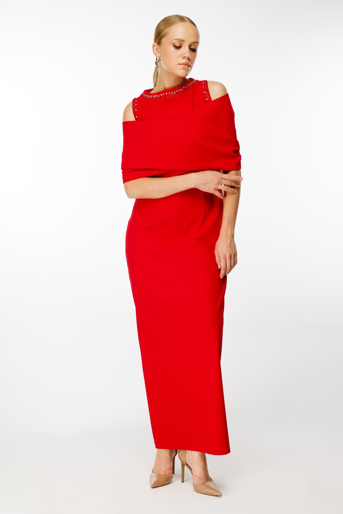 Omuzdan Kruvaze Şal Detaylı Elbise KIRMIZI