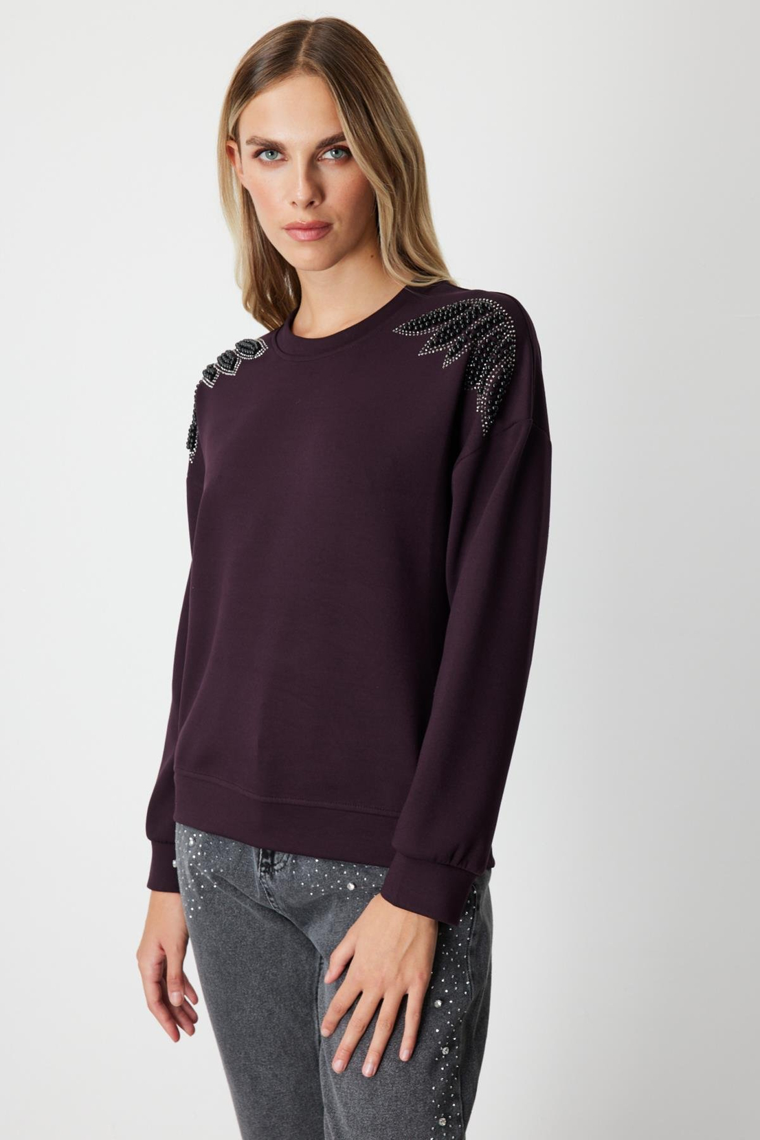 Omuzları İncili Sıfır Yaka Sweat BORDO