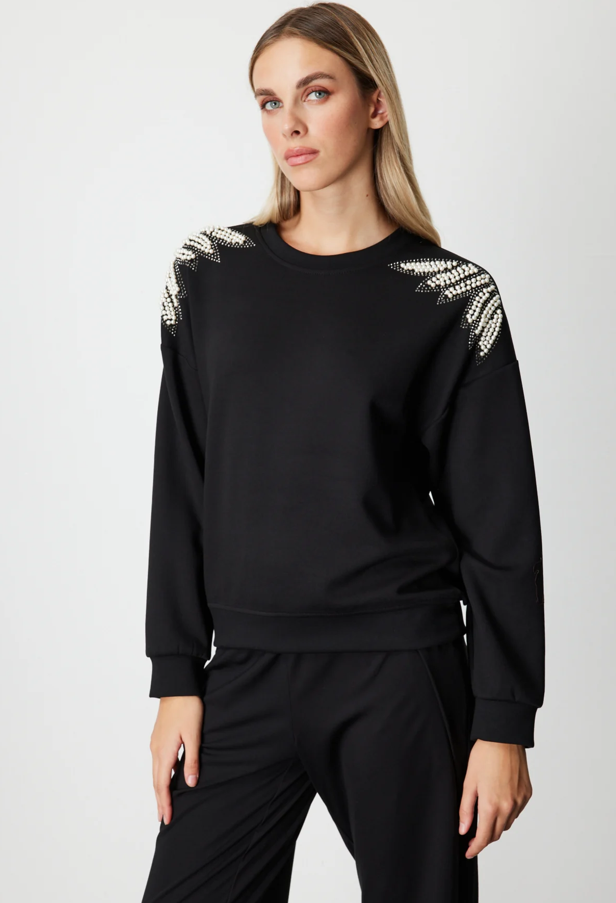 Omuzları İncili Sıfır Yaka Sweat SİYAH