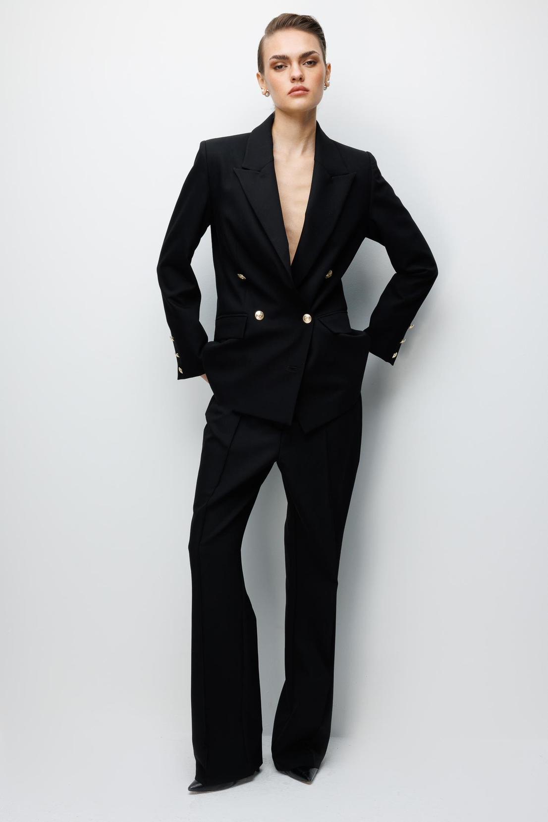 Önü Nervürlü Yüksek Bel Pantolon SİYAH