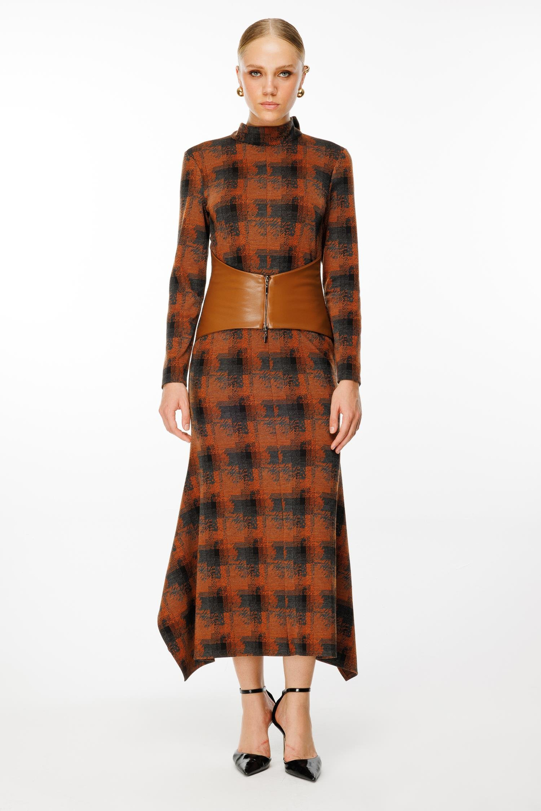 Örme Deri Korsajlı Elbise TABA