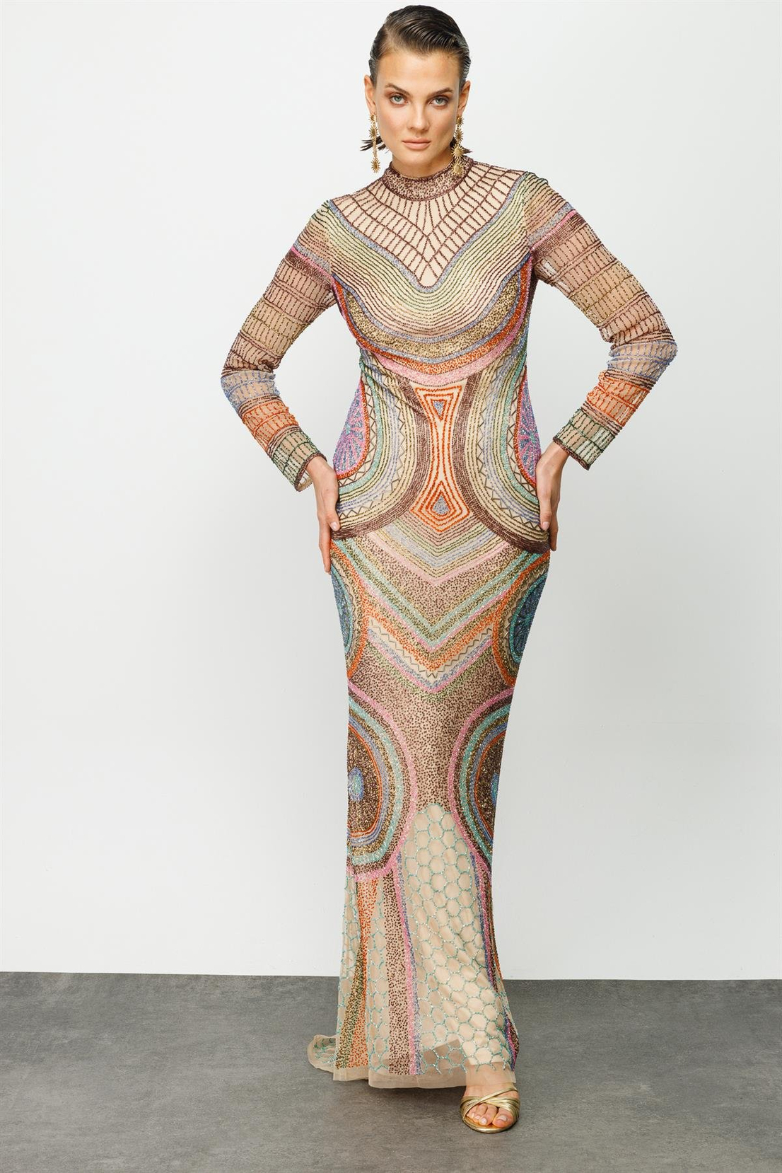 Otantik Desen Özel Taş İşlemeli Gece Elbise