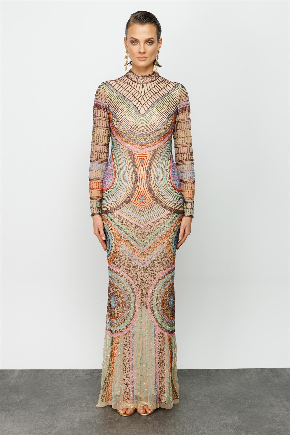 Otantik Desen Özel Taş İşlemeli Gece Elbise