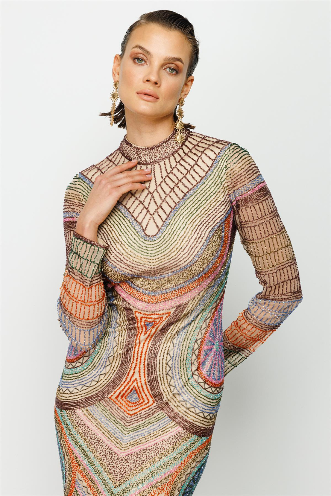 Otantik Desen Özel Taş İşlemeli Gece Elbise