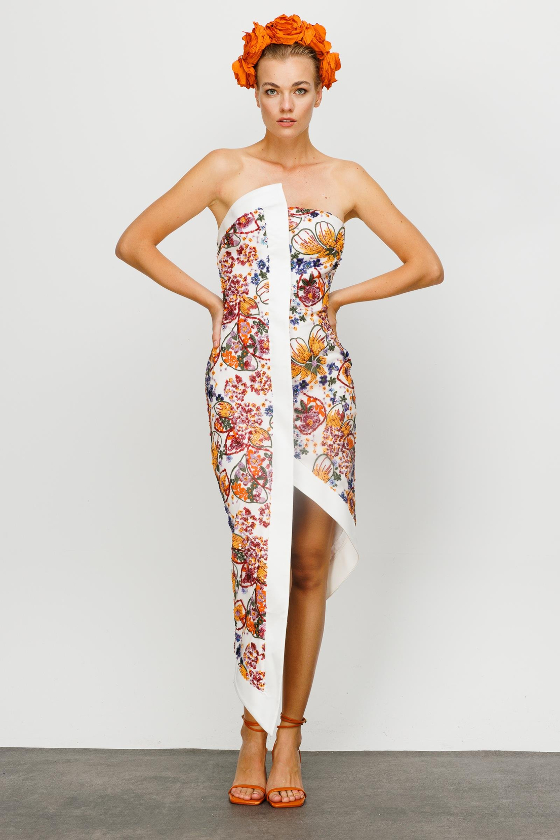 Otantik Desen Straplez Elbise EKRU