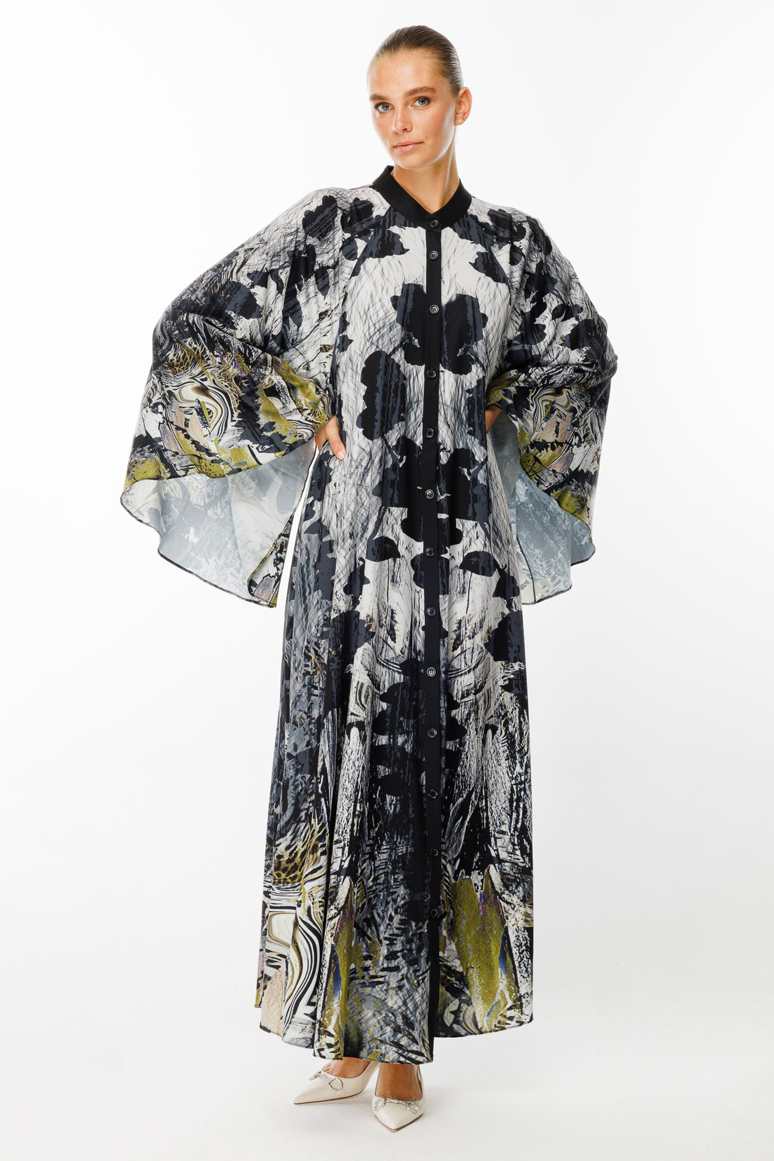 Oversiz Floral Desen Abaya OLİVE