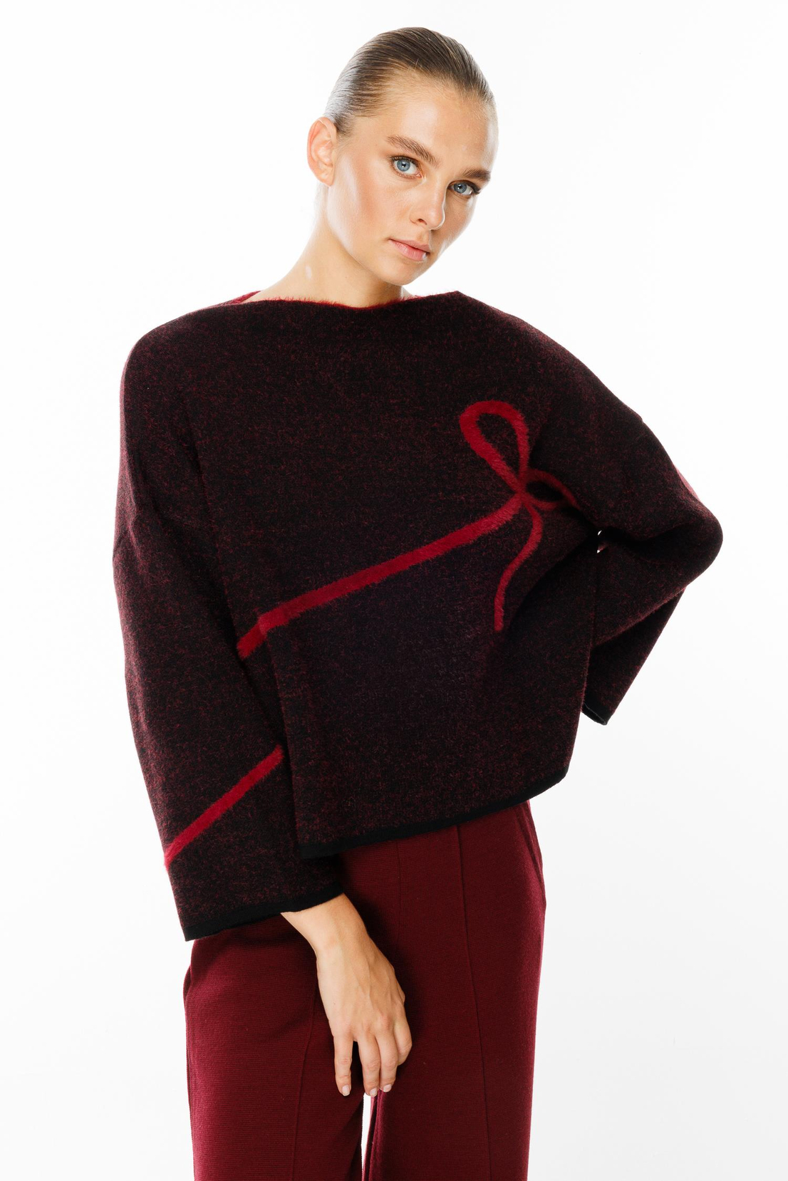 Oversize Fiyonk Detay Triko Kazak BORDO