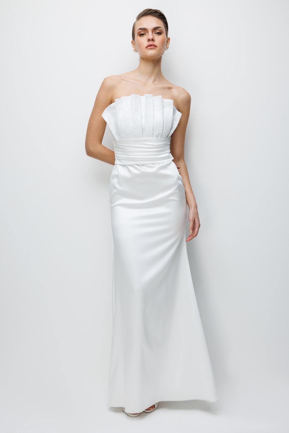 Payet İşleme Yaka Saten Elbise EKRU