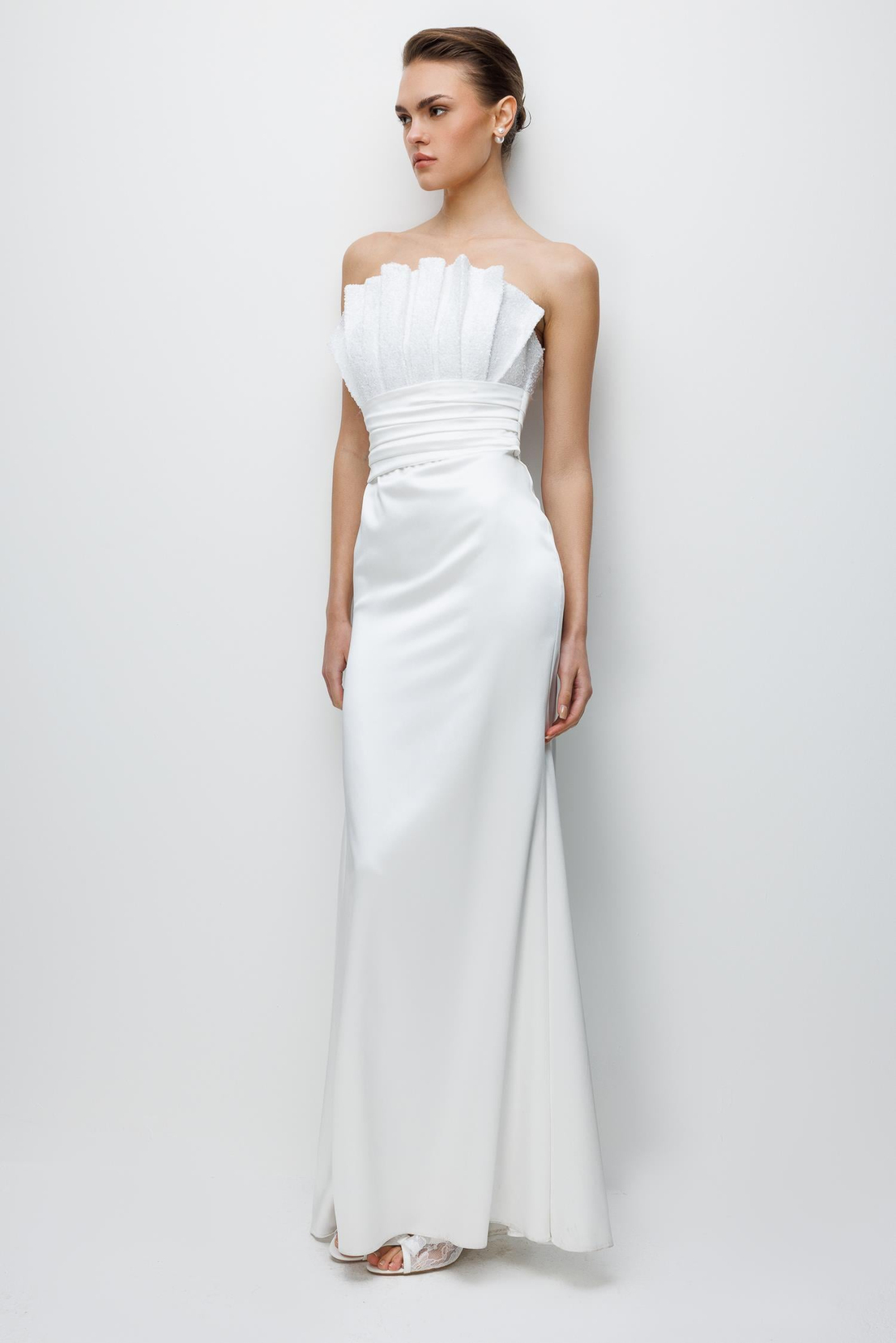 Payet İşleme Yaka Saten Elbise EKRU